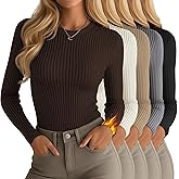 Oakgarden 5 Pack Women's 90% Cotton Thermal Shirts Long Sleeve Ribbed Fleece Lined Underwear Tops Slim Fit Warm Base Layer