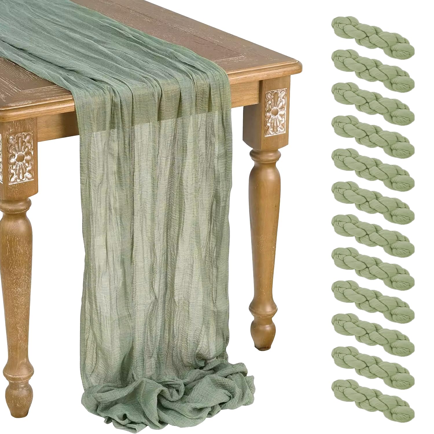 Photo 1 of 12 Pcs Sage Green Cheesecloth Table Runner 13ft Boho Gauze Cheesecloth Table Runner 160 inch Long for Christmas Wedding Bridal Baby Shower Birthday Table Decorations