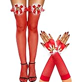 RSLOVE Women's Sexy Christmas Fishnet Thigh High Stockings and Santa Fingerless Gloves with Bell Xmas Costume Red Accessories
