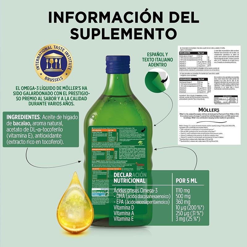 Moller’s ® | Aceite de hígado de bacalao | Complemento dietético para niños con omega-3 EPA, DHA y vitaminas A, D y E | Sabor Tutti Frutti | 500 ml — foto 4 de 8