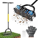 Manual Lawn Aerator with Double-Layer Spring, Heavy Duty Garden Soil Loosener Tool, Spike Aeration Tool with T-Handle and Large Foot Plate for Lawn, Yard, Garden Soil