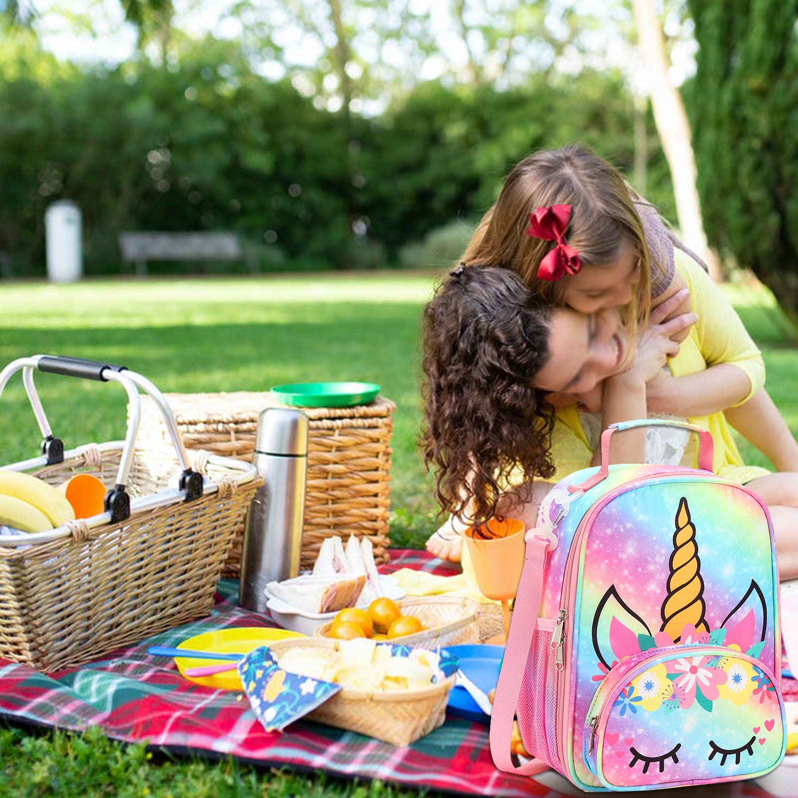 BTOOP Lunch Box Kids Girls Insulated Lunch Bag Toddler Cute Reusable Thermal Meal Cooler Tote Bags with Removable Shoulder Strap for School Travel (O-Rainbow)