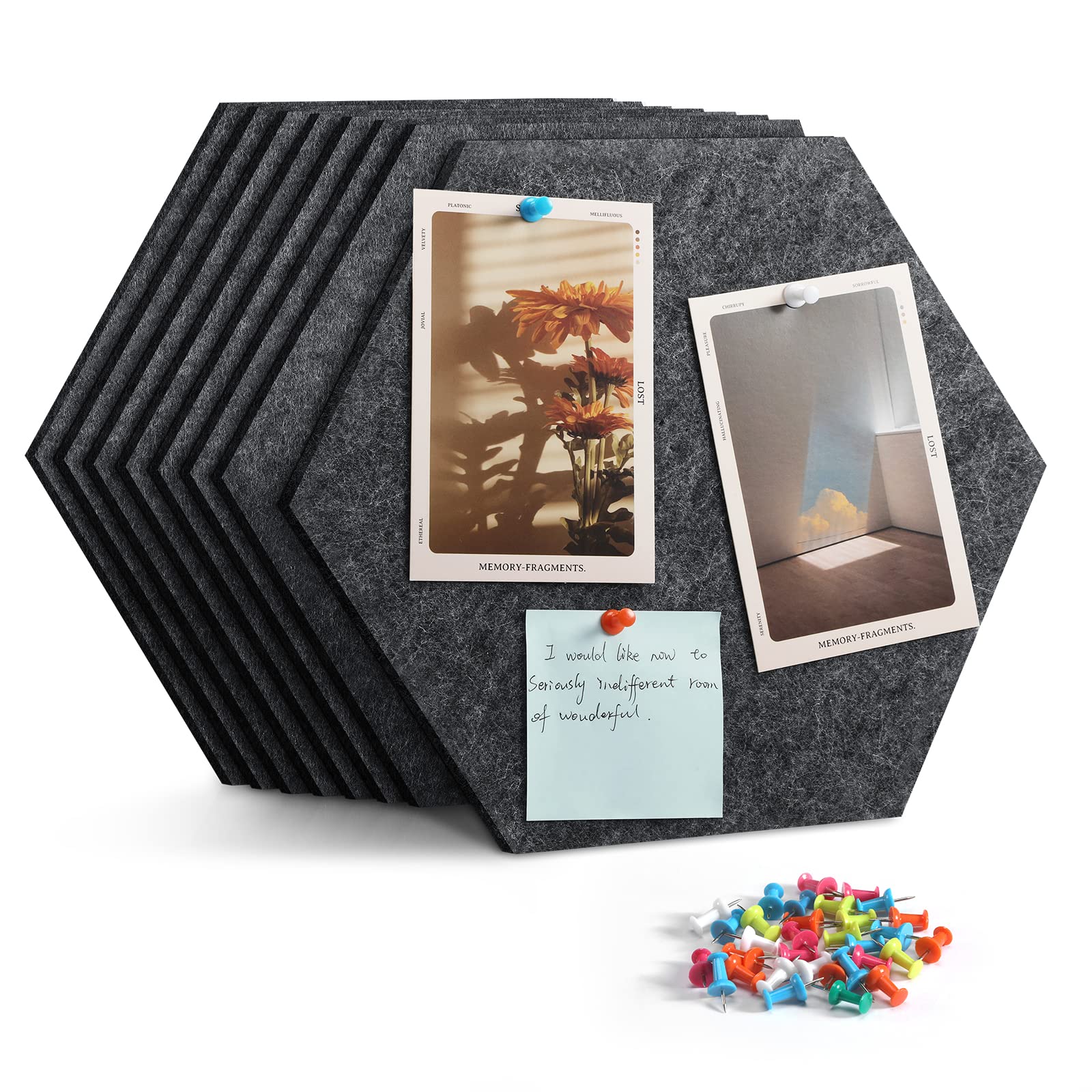 Photo 1 of Uoisaiko 12" Large Bulletin Board with 30 Push Pins, Pack of 8 Hexagon Felt Pin Board Notice Boards for Home Office Kitchen, Felt Wall Tiles for Photos Memos
