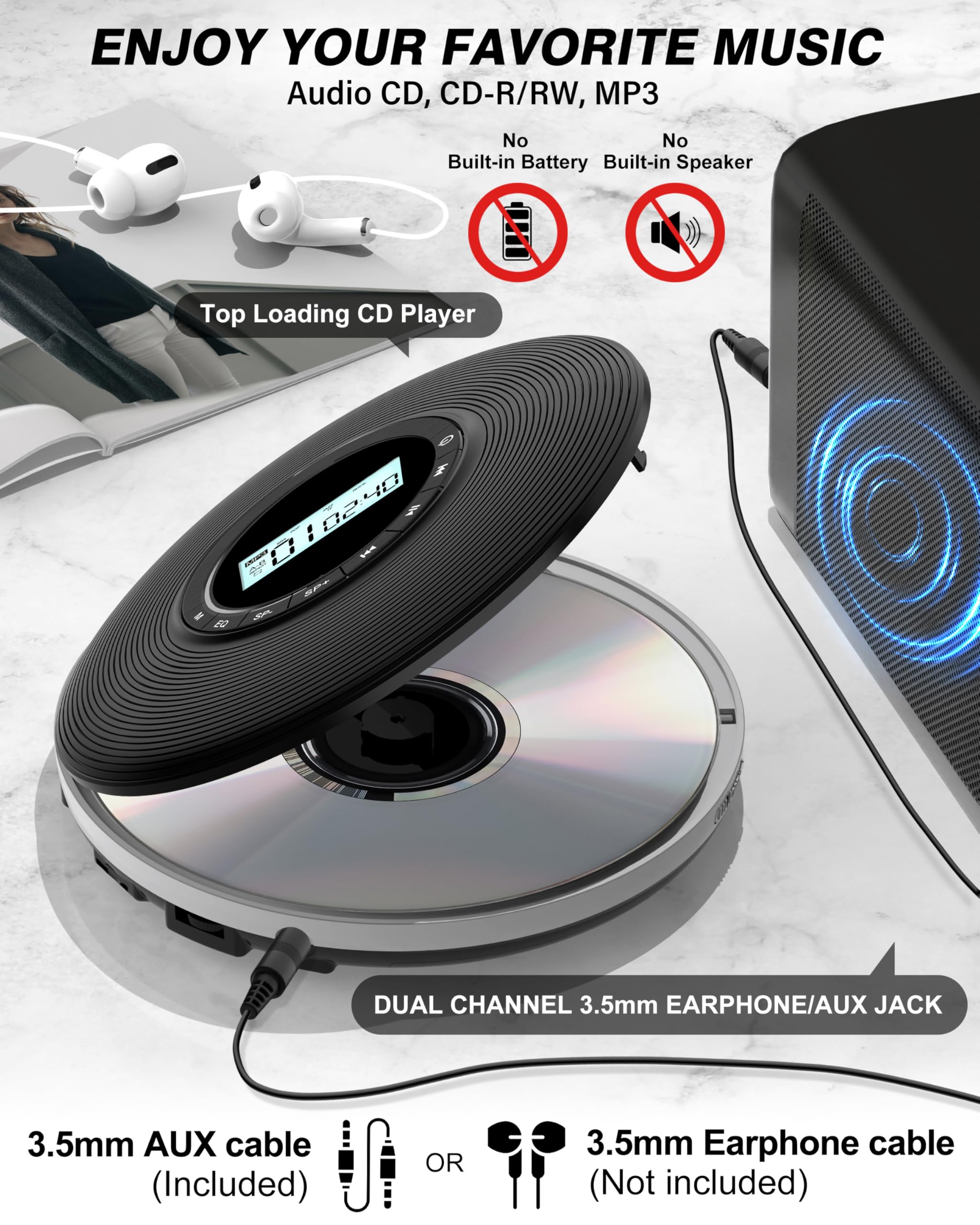 Sunoony Walkman CD Player,Portable CD Player for Car,Personal Disman CD Player with Headphones Jack,LCD Display,Anti-Skip,Aux-Out Cable/TF Slot,2*AA Batteries or Type-C Supply for Home,Travel and Car