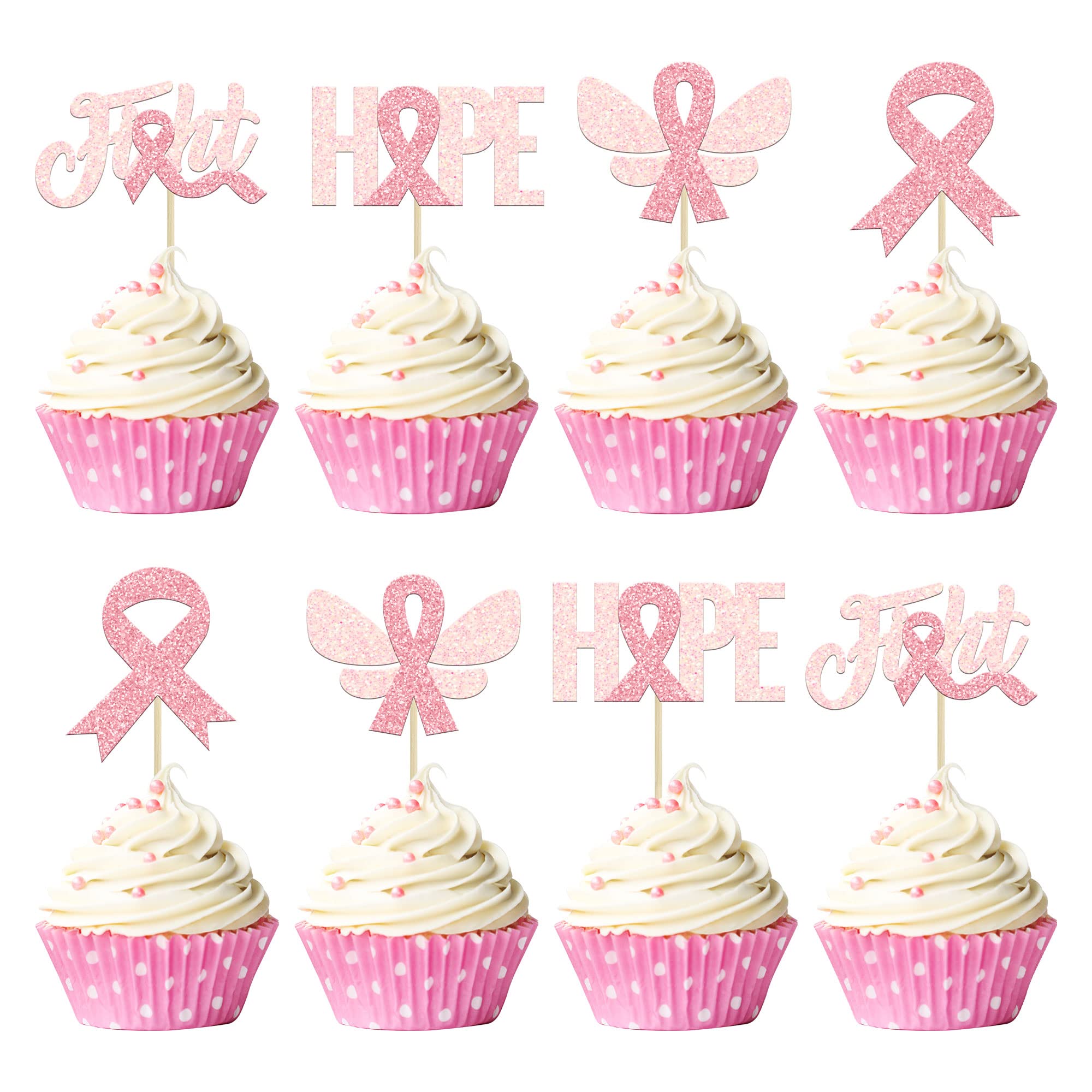 Gyufise 24Pcs Breast Cancer Awareness Cupcake Toppers Glitter Pink Ribbon Fight Beliveve Hope Cupcake Picks Decorations for Pink Ribbon Party Cake Decorations Supplies