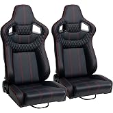 JIABEIR Pair Universal Racing Bucket Seats,Black PVC Leather Red Diamond Stitch Reclinable With Double Slider Low Bottom(Not Including Seat Bracket)