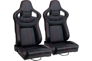 JIABEIR Pair Universal Racing Bucket Seats,Black PVC Leather Red Diamond Stitch Reclinable With Double Slider Low Bottom(Not Including Seat Bracket)