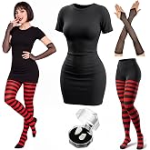 Suhine Halloween Vampire Costume for Women, for Cosplay Party | Women Cosplay Party Outfit, Fingerless Gloves Fangs Included, Red Black Striped Tights, Complete Set for Role Play Events