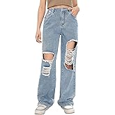 Floerns Girls Cut Out Ripped Wide Leg Jeans High Waisted Distressed Denim Pants