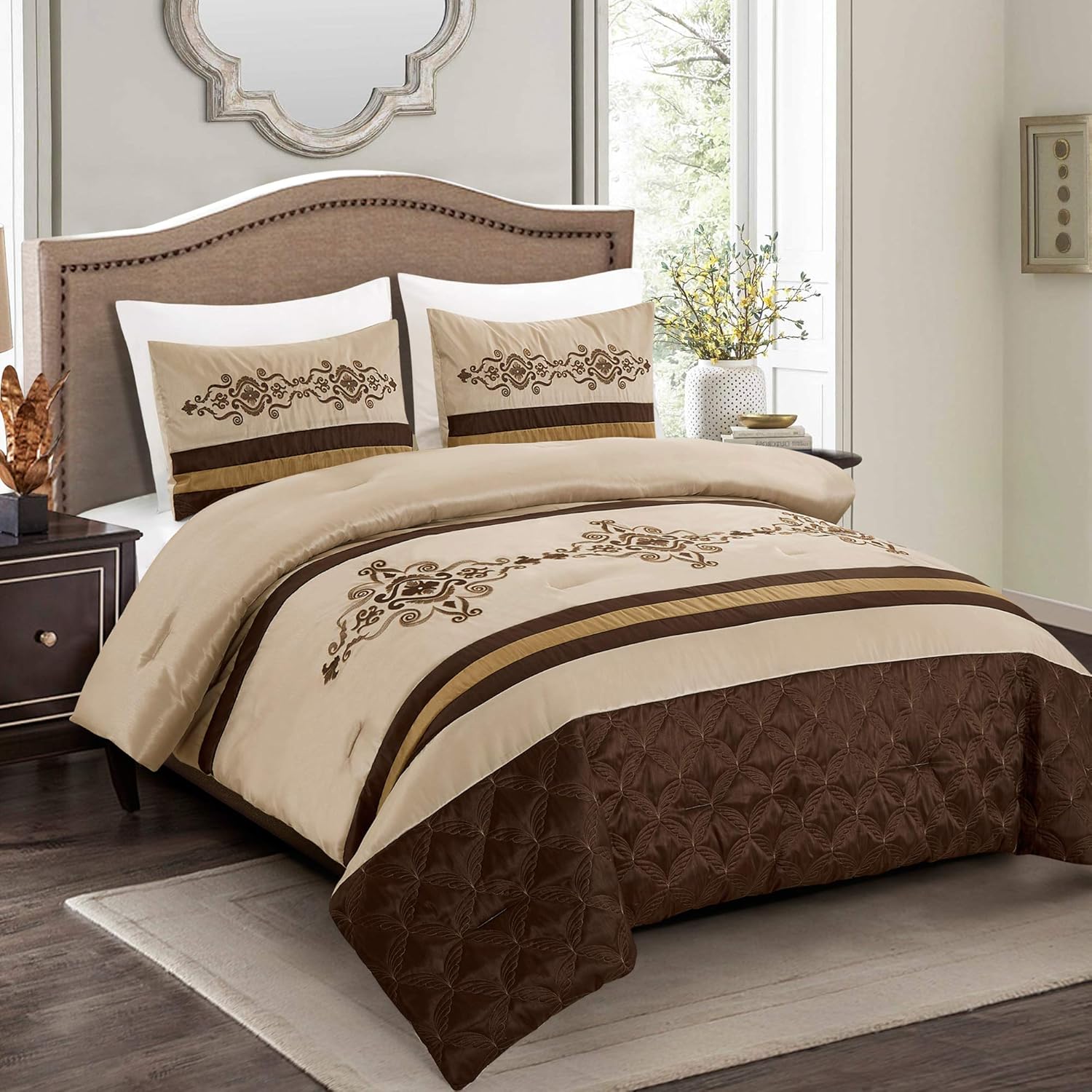3 Pieces Royal Faux Silk Luxury Comforter Set Beige Brown Gold Luxury Embroidery