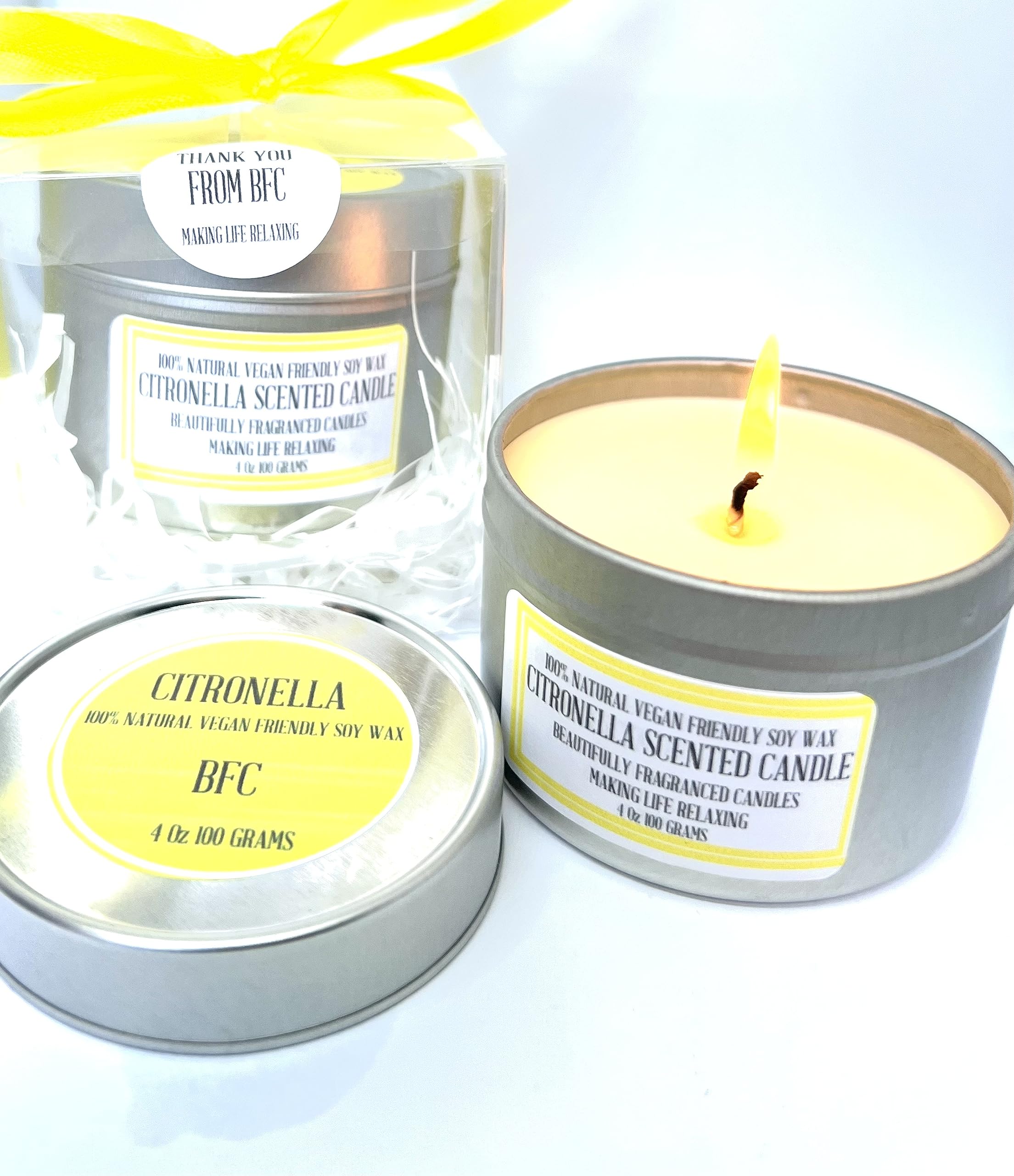 Citronella Scented Soy Wax Candle - Handmade BFC - Citronella Scented 28 Hours Burn Time 4 Oz 100 Grams Soy Wax Candle Silver Brush Finish Tin. Citronella Scented