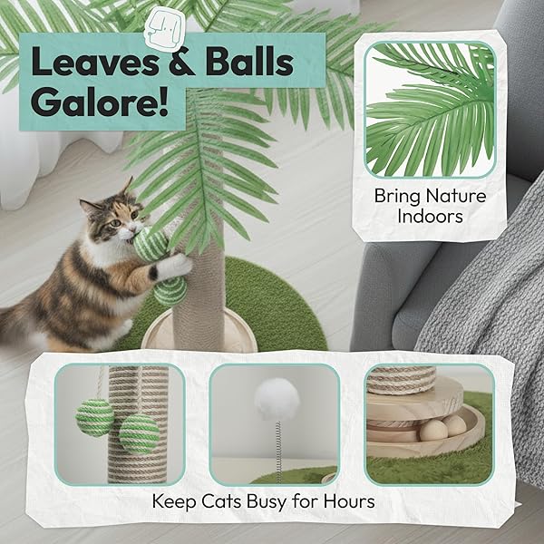 POMESEA CAT SCRATCHING POST 34 INCH WITH ROTATING TURNTABLE AND REMOVABLE HANGING BALL, CAT SCRATCHER FOR INDOOR CATS, ULTRA STABLE BASE, PAW-FRIENDLY JUTE MATERIAL, GREEN BASE