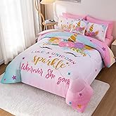 Keyroal 8Pcs Full Comforter Set with Sheet,Unicorn Flower Bedding Set for Kids,Pink Rainbow Bed in a Bag Bedding for Girls-Sparkle Unicorn
