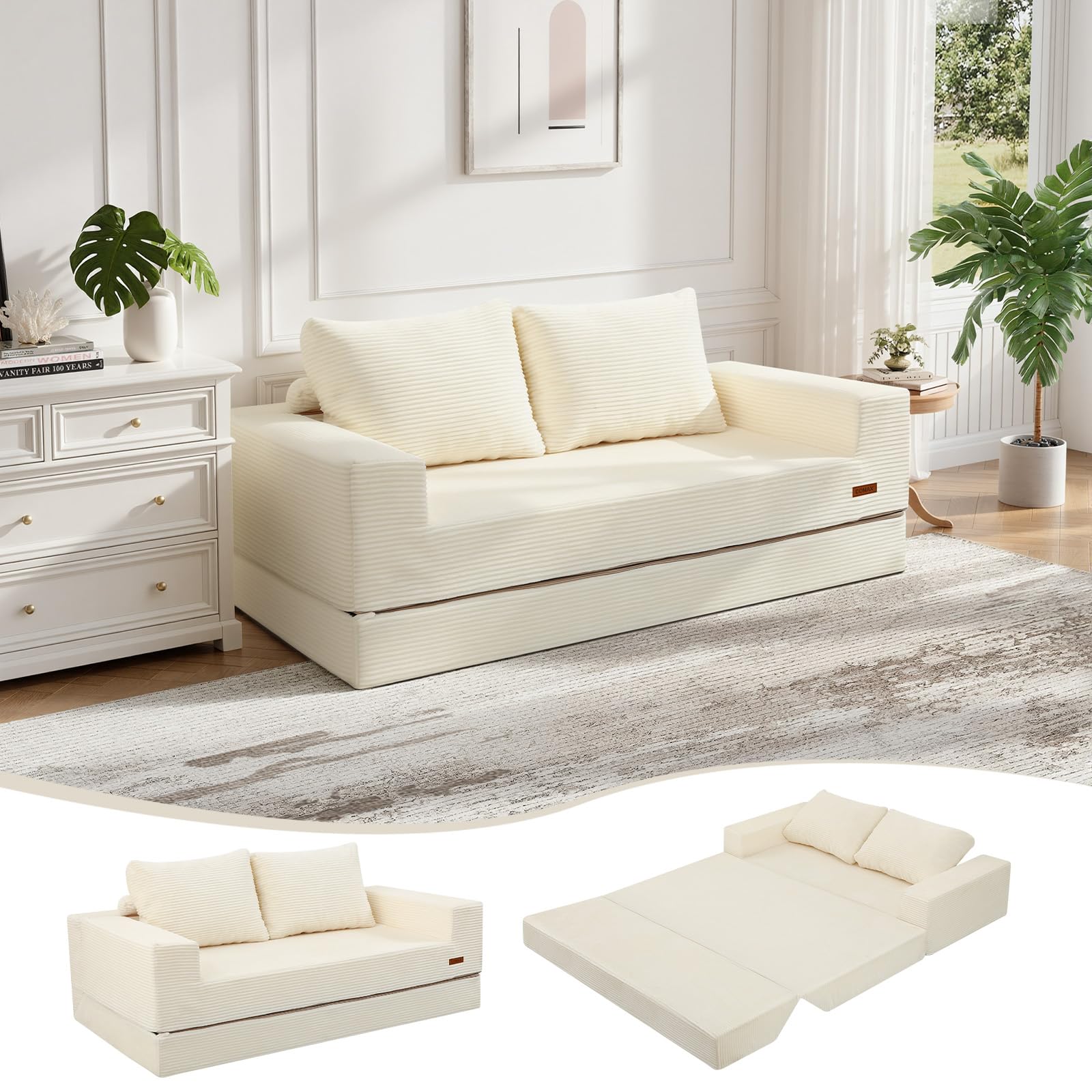Photo 1 of COMAX Convertible Sofa Bed Queen, Corduroy Folding Floor Couch Pull Out Couch Bed Futon Sleeper with Pillows, Fold Out Boneless Sofa Comfy Lounge Mattress Loveseat for Living Room Bedroom, Beige