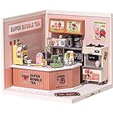 Rolife Super Creator DIY Miniature House Kit, Blind Box Display Home, No Glue Plastic Click-Assembly Stackable Room Box Toy with Type-C LED Light (DW006 Double Joy Bubble Tea)
