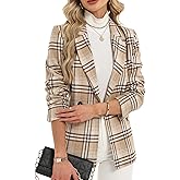 ELLEVEN Women's Houndstooth Plaid Tweed Blazer, Casual Trendy Double-Breasted Suit Jacket with Pockets Fully Lined