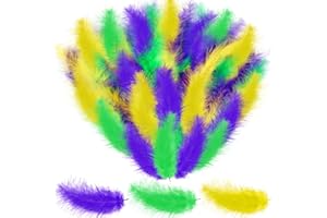 YINGZHAO 300 Pcs Christmas Colorful Feathers for Craft DIY Assorted Native Feathers Crafts Feathers for Carnival Mardi Gras Party Costume Feather Mask, Wind Bell, 3.94-5.91 Inches (Purple, Green, Gold)