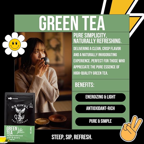 REVIVAL TEA COMPANY GREEN TEA – SIGNATURE GREEN TEA MADE FROM 100% CHUN MEE TEA FLAVOR – LOOSE LEAF 6 OUNCES