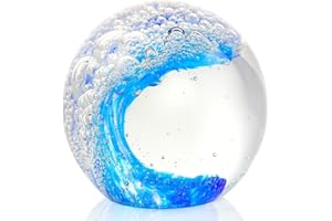 ARIKYRIST Hand Blown Glass Figurines Ball Ocean Waves Paperweight Glass Ball for Friends Ocean Lovers Bubble Ball Decoration for Home Office and Aquarium (Dark Blue and Light Blue with White)