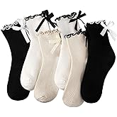 ZhouBoat 6 Pairs Womens Bow Socks Ruffle Casual Crew Socks Cute Black White Soft Breathable Cotton Frilly Ankle Socks