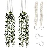 Comtelek Fake Hanging Plants 2 Pack Macrame Artificial Hanging Plants with Faux Vine Plant Hanger for Indoor Outdoor Home Wall Boho Bedroom Bathroom Office Wall Ceiling Decor