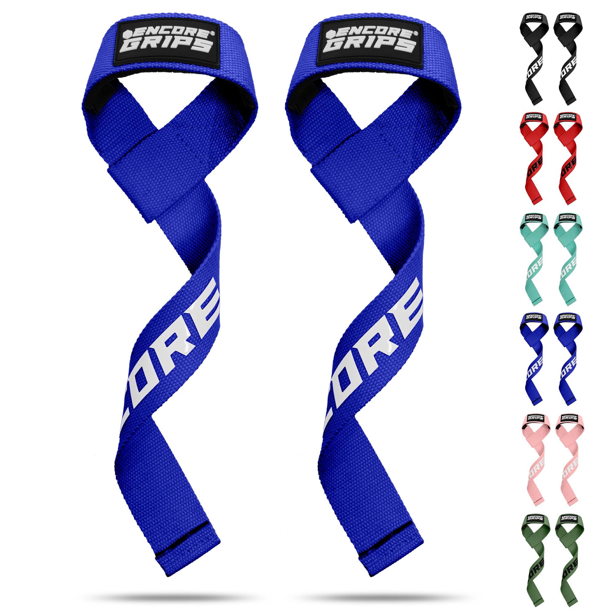 Encore Grips Lifting Straps for Strength Training, Fitness, Bodybuilding; Blue Silicone; Neoprene Padded; Heavy Duty; Cotton; 2 Pack