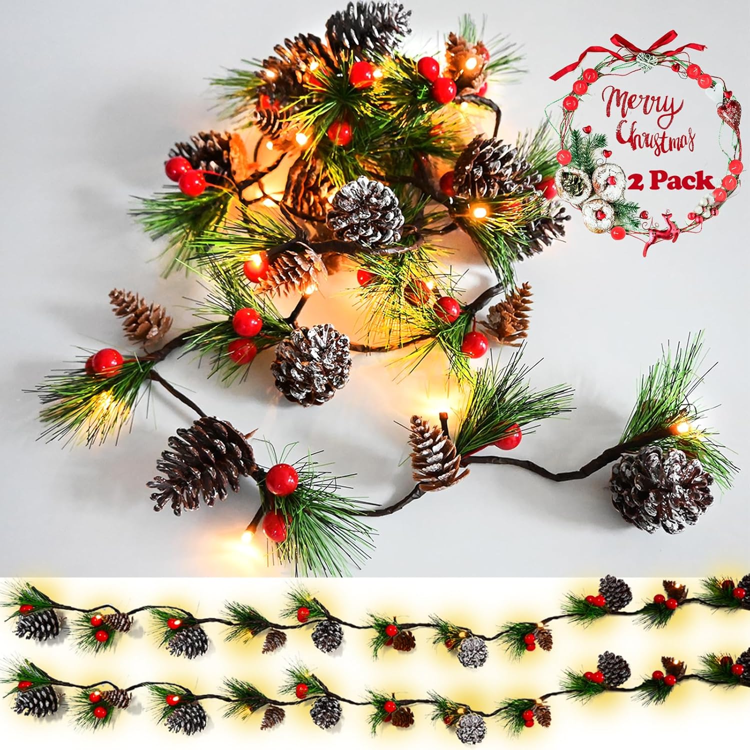Wreaths, Garlands & Swags - Christmas Garland Lights 2 Pack Holiday Prelit Garland 13FT 40LED Pine Cone Garland Light with Red Berry Upgraded Battery Operated Garland with Lights Xmas Decor Lights for Outdoor Indoor Christmas