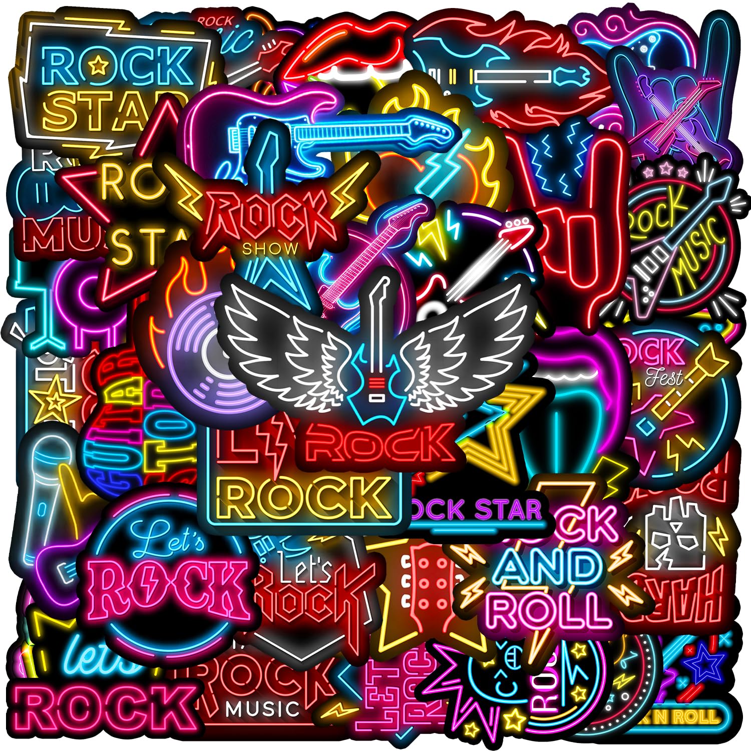 Photo 1 of 120PCS Neon Rock and Roll Stickers Rock and Roll Party Favors Birthday Party Decorations Vinyl Waterproof Stickers for Water Bottle Laptop Luggage Helmet