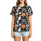 Halloween Shirts for Women Spooky Ghost Shirt Funny Pumpkins Skull Print Tee Casual Short Sleeve Holiday Party Tops