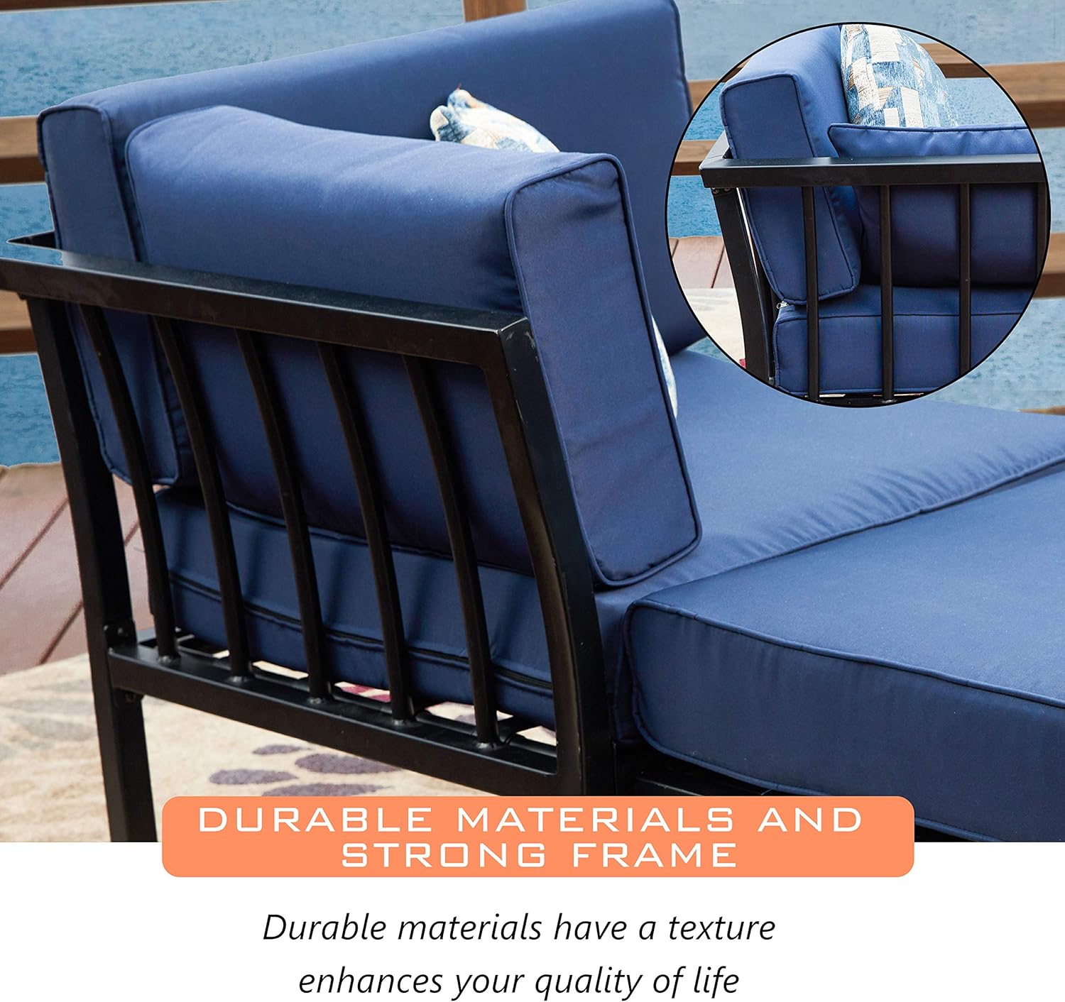 LOKATSE HOME 2 Piece Patio Sectional Furniture Set Outdoor Armchair Corner Sofa with Ottoman, 2Pcs-1, Blue Cushions : Garden & Outdoor