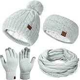 Womens Beanie Hat Infinity Scarf Touchscreen Gloves Fleece Headband 4 in 1 Winter Clothes Set Gifts for Women