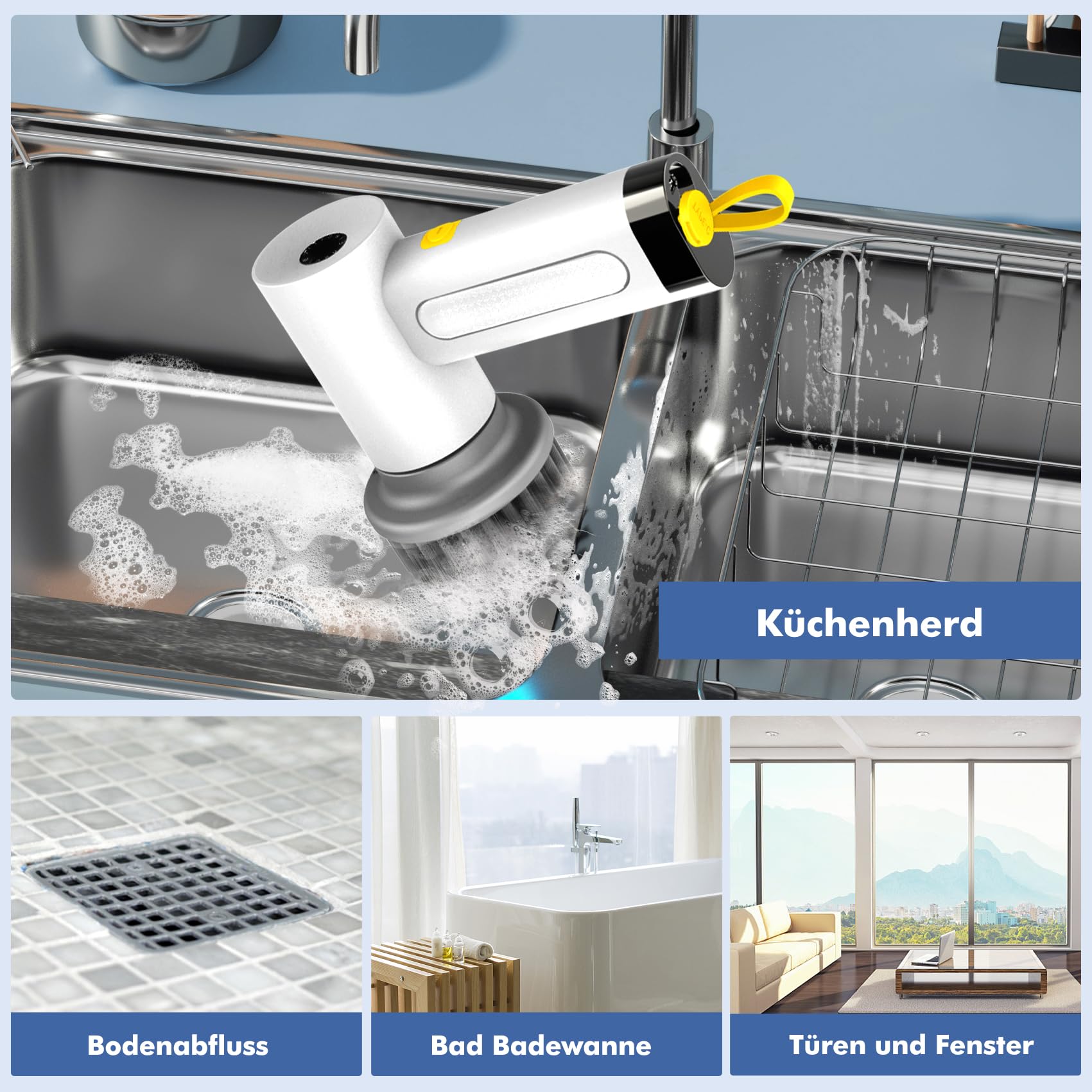Elektrische Reinigungsbürste,Spin Scrubber für Bad und Fugen,Cleaning Brush für Haushalt mit 5 Bürstenkopfe,2 Modi Perfekt für Tiefe reinigen von Fliesen,Küche,Grille,Glas und Reifen-led Anzeige 7