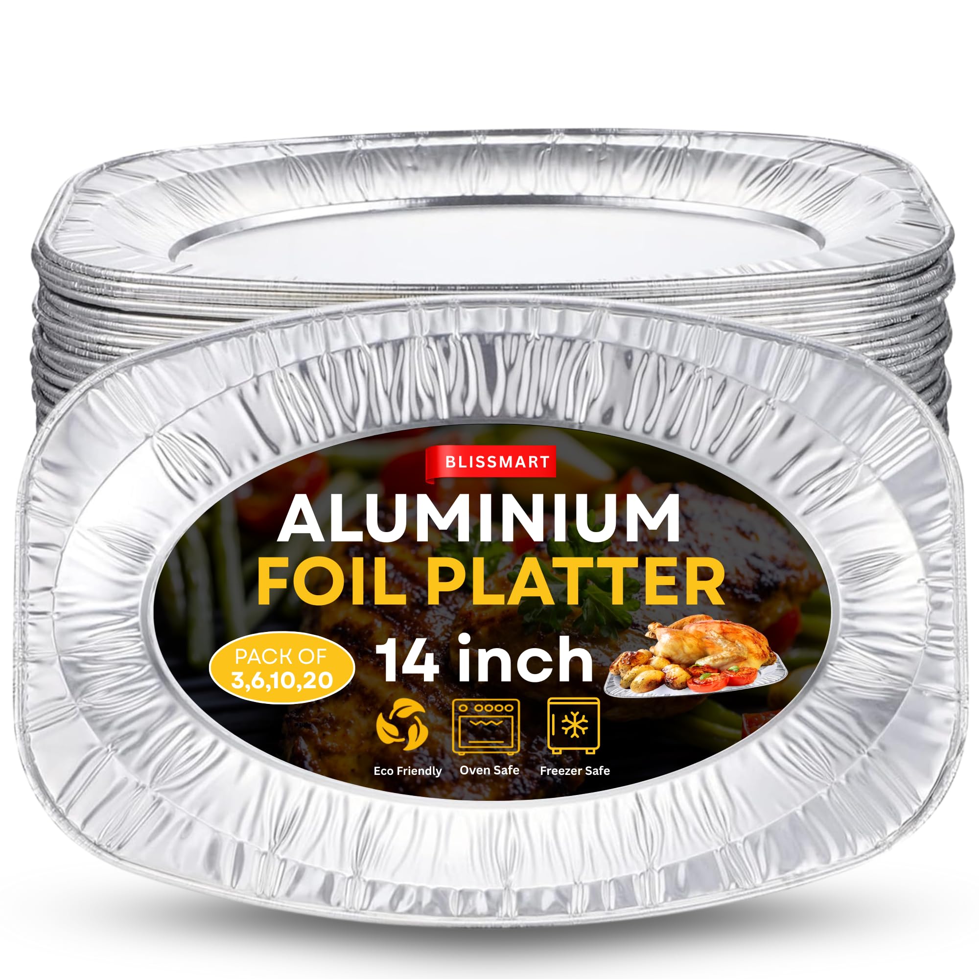 BLISSMART Foil Platters 10pk Large Aluminium Foil Platter Serving Party Trays Oven and Freezer Safe Reusable Serving Platter Set Recyclable Trays Multipack