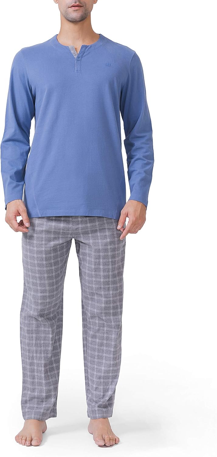 DAVID ARCHY Men's Cotton Pajamas Henley Collar Sleepwear Soft Classic Button-Down Woven Long Sleeve Set: Clothing