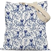 APJYM French Country Pug Tote Bag, Pug Gifts for Women, Blue and White Chinoiserie Dog Canvas Tote Bags for Women, Vintage Dog Reusable Grocery Shopping Bag