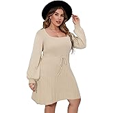 Women's Plus Size Casual Sweater Dress Square Neck Long Lantern Sleeve Tie Waist Loose Pullover Sweater Dresses