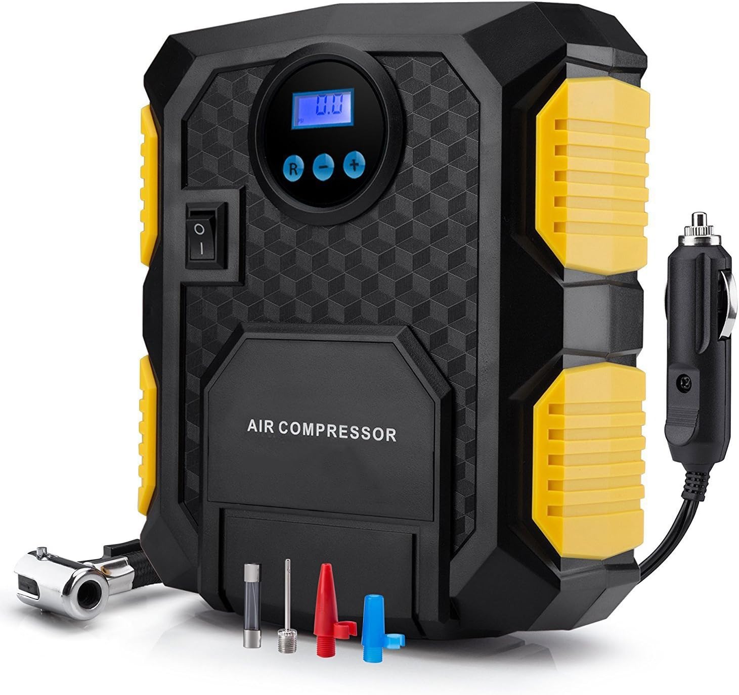 Digital Tyre Inflator, Novatech Portable Air Compressor with LED Lamp Digital Pressure Gauge 3 Valve Adapters, 3 Meter Cord with 12V DC Cigarette Plug