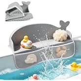 MCGMITT Splash Guard for Bathtub, Silicone Bath Shelf for Kid, Tub Splash Guard with Strong Suction Cups &amp; Storage Mesh Pockets, Foldable Bath Toy Tray Caddy Holder, Prevent Water Spills in Bathroom