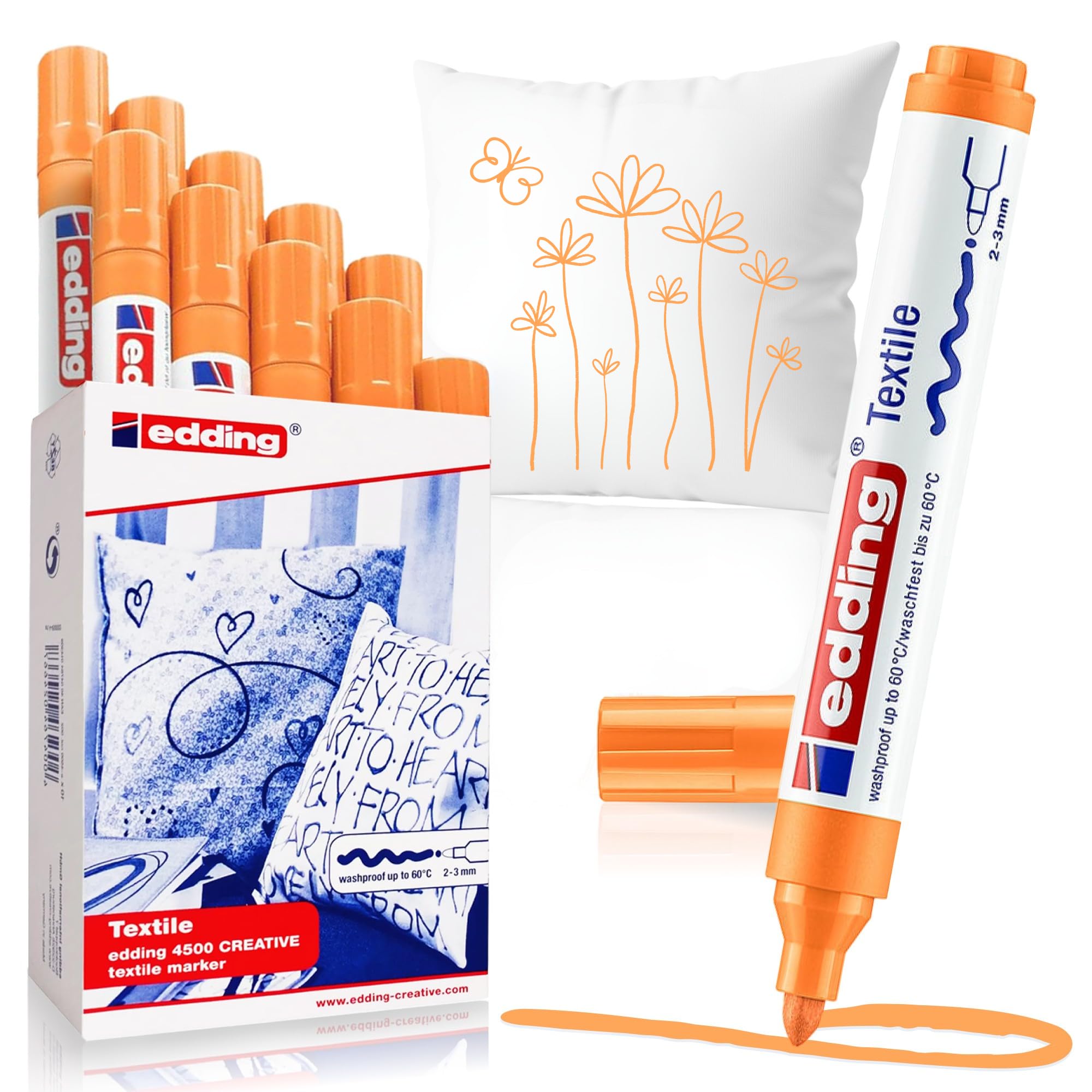 edding 4500 textile marker - neon orange - box of 10 - round nib 2-3 mm - permanent fabric markers for drawing on textiles, wash-resistant up to 60 °C - marker pens for fabric lettering