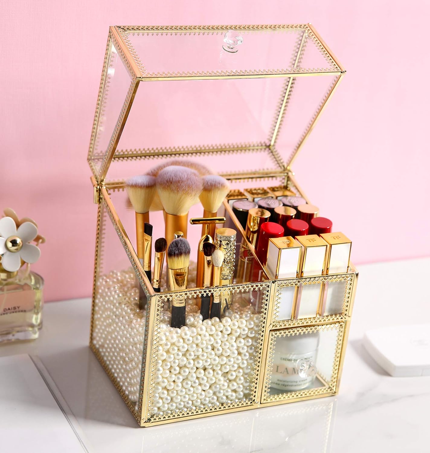 MOOCHI Golden Vintage Glass Cosmetic Multifunctional Makeup Organizer with Pearls Dustproof Cosmetics Storage Display Case For Brushes Lipsticks: Home Improvement