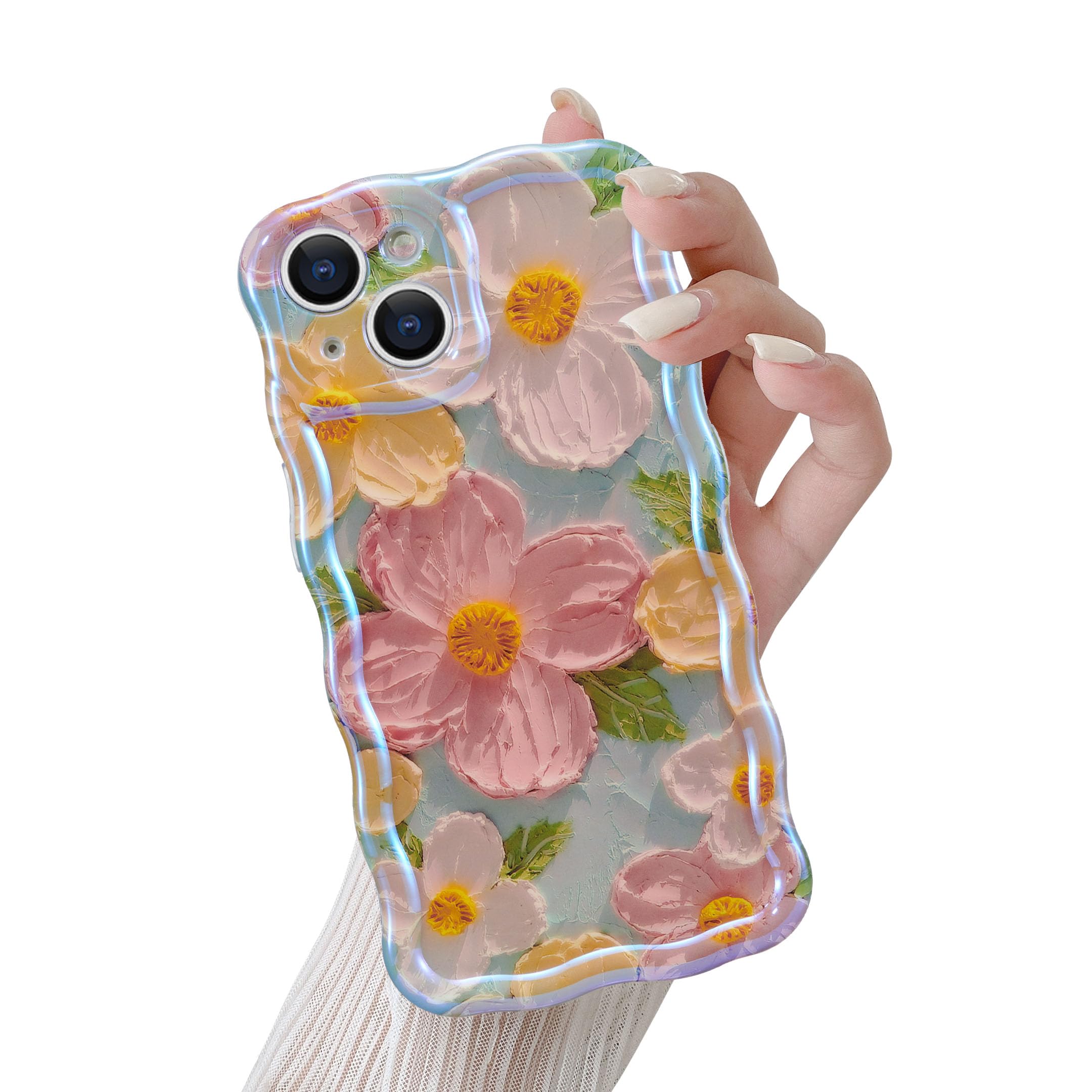 QLTYPRI Case for iPhone 13, Laser Colorful Retro Oil Painting Flower Pattern Cute Curly Wave Frame Exquisite Phone Case for Girls Women, Shockproof TPU Protective Phone Cover for iPhone 13- Green
