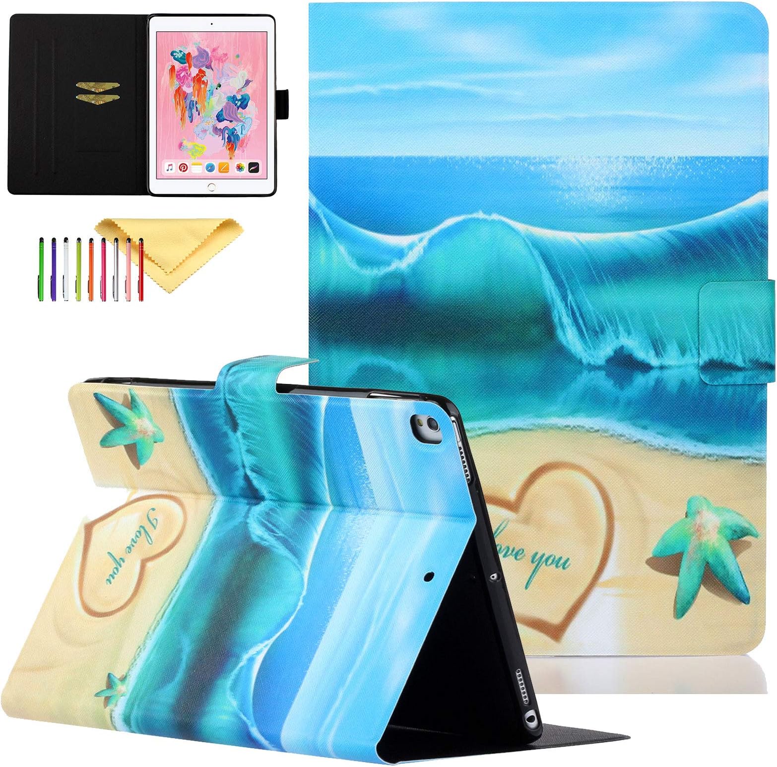 Case for iPad 8th/7th Generation 10.2" 2020/2019, Cookk PU Leather Skin Case Kids with [Free Pen] [Pencil Holder] [Card Slots] [Kickstand Feature] [Auto Sleep/Wake], Starfish Sea