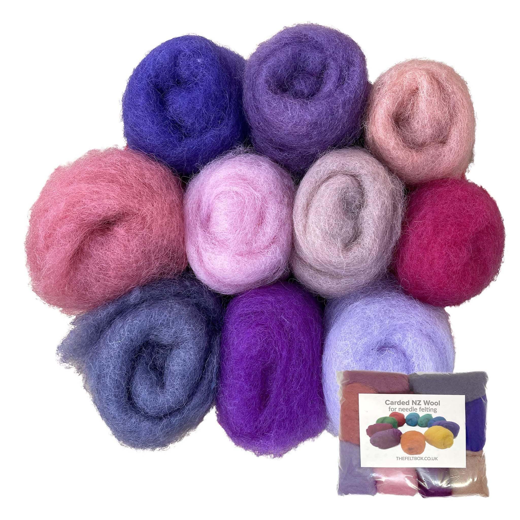 The Felt Box Needle Felting Wool – 10 Pink & Purple Shades Pack (100g Total) – Carded Batt with Coarse Short Fibres – Perfect for Flowers Animals Dolls & Pastel Crafts