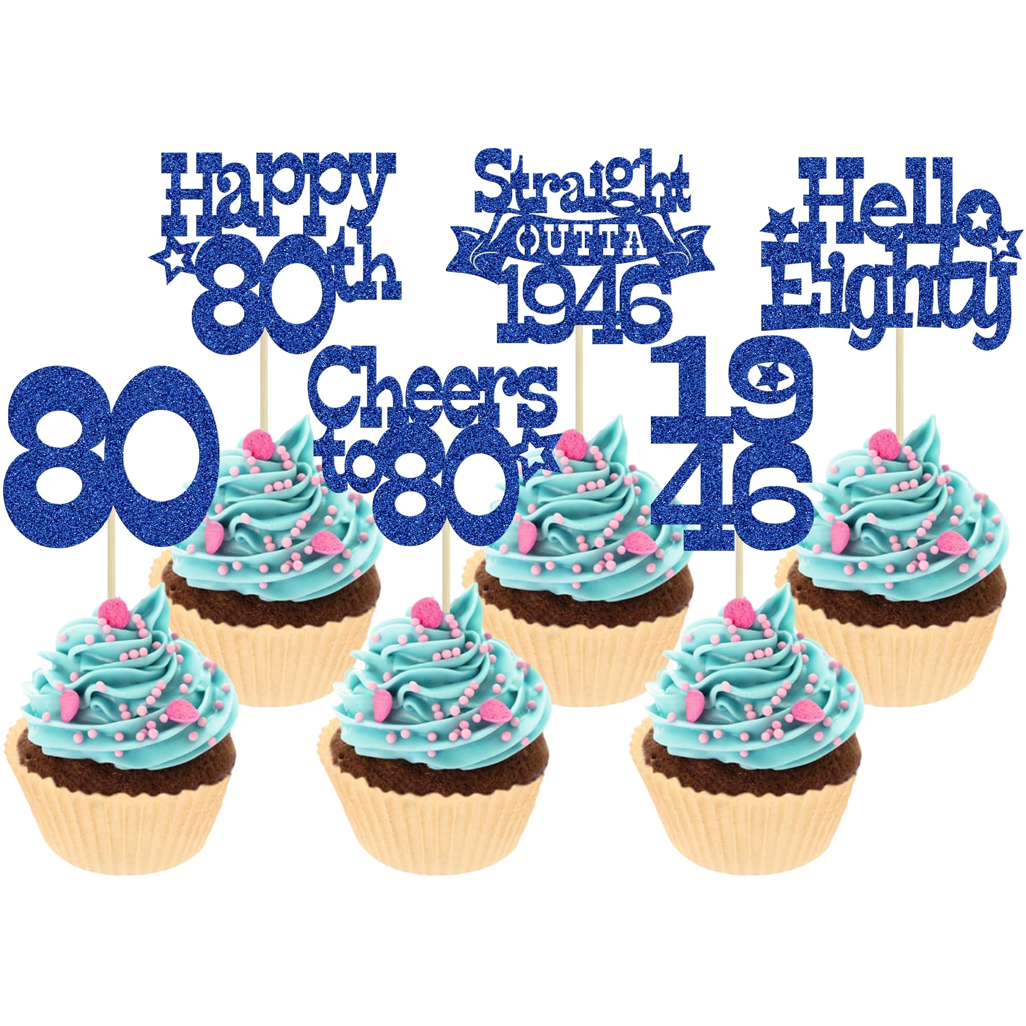 Ephlyn 30Pcs Happy 80th Birthday Cupcake Toppers Glitter Eighty Straight Outta 1946 Cupcake Picks Cheers to 80 Years Cake Decorations for Happy 80th Birthday Anniversary Party Supplies Blue