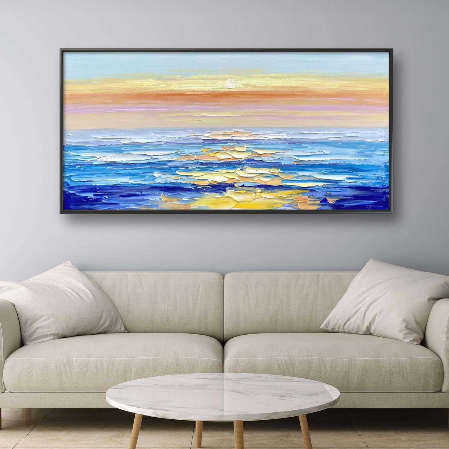 Paintings - JENLLY Large Wall Art 100% Hand-painted Oil Painting Sunrise Over the Sea Modern Living Room Wall Decor Ready to Hang 24 * 48 Inch Canvas Wall Art