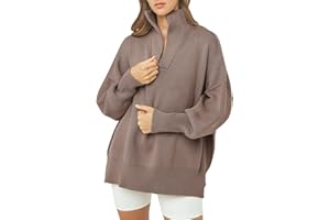 Caracilia Womens Oversized Sweaters 2023 Quarter Zip Collar Long Sleeve Drop Shoulder Rib Knit Casual Slouchy Pullover Tops