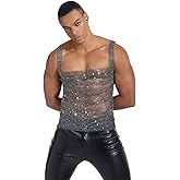 Mens Sparkly Rhinestone Tank Top See Through Mesh Sleeveless Crop Top Sexy Glitter Fishnet Shirt Vest Clubwear Party Outfit