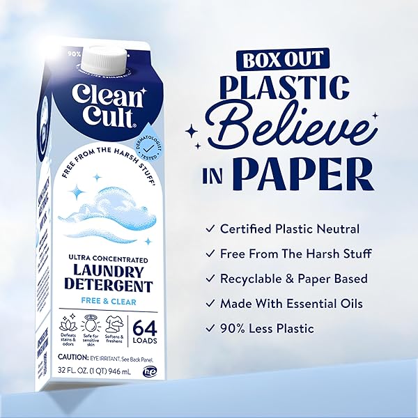 ULTRA CONCENTRATED LIQUID LAUNDRY DETERGENT SOAP, 64 LOADS (32 OZ), 90% LESS PLASTIC, NO HARSH CHEMICALS, FREE & CLEAR, DEFEATS STAINS & ODORS, ECO-FRIENDLY, HE/STANDARD COMPATIBLE