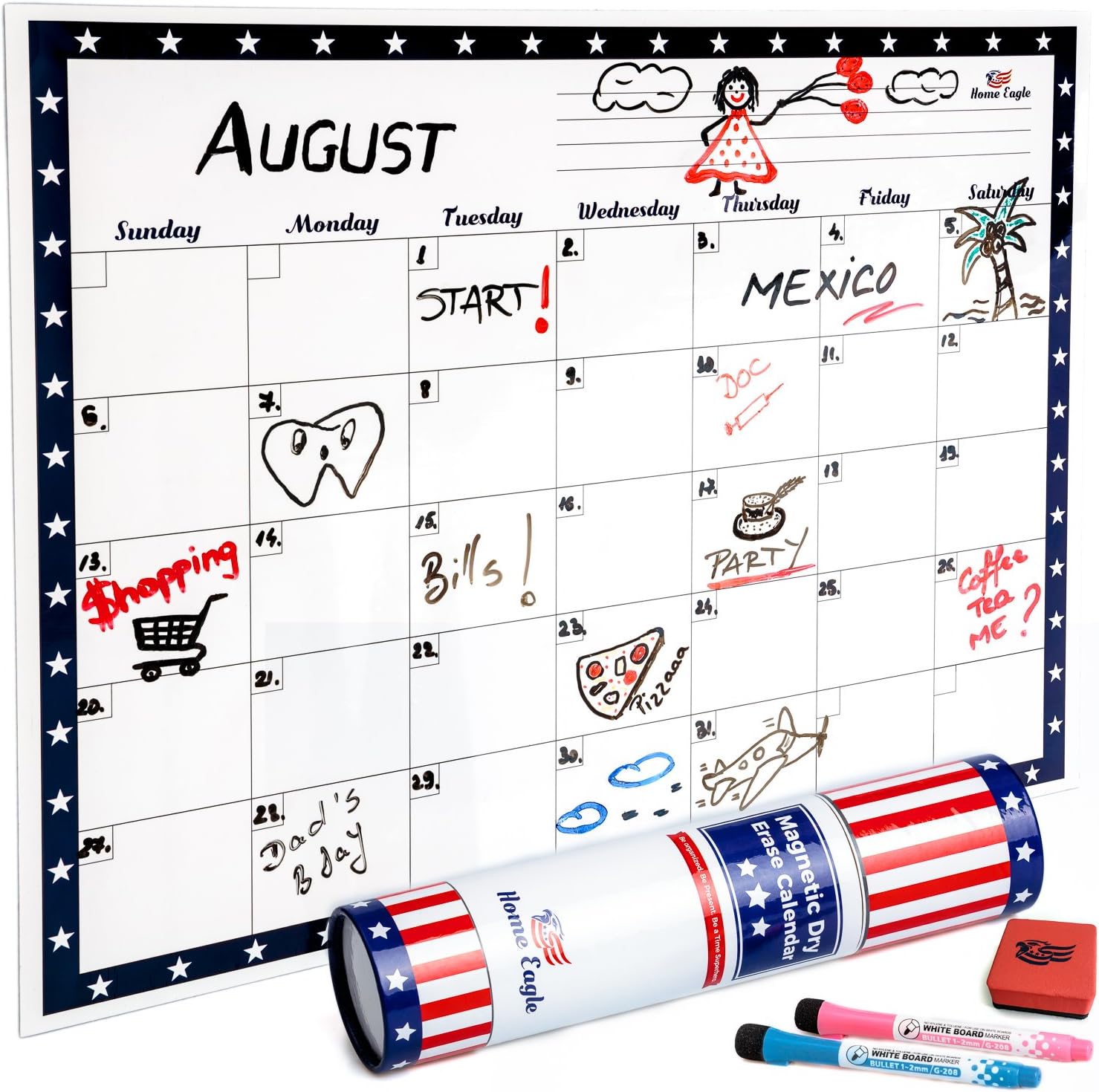 Dry Erase Calendar โ Fridge Magnetic Calendar โ Refrigerator Dry Erase Board 16"X12" to Plan Your Monthly Activities That Comes with Two Vibrant Markers and One Eraser by Home Eagle