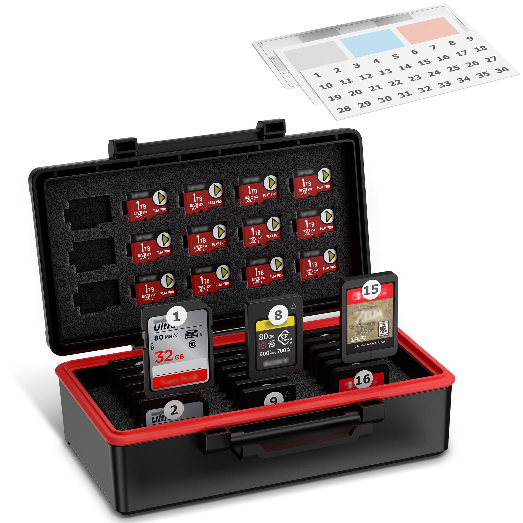 Kiorafoto 36 Slot Memory Card Case Holder Water-Resistant for 21x SD SDXC SDHC/ NS/ Sony PSV PS Vita + 12x Micro SD / TF -- with Card Label Sticker, SD Card Holder Box Organizer Storage